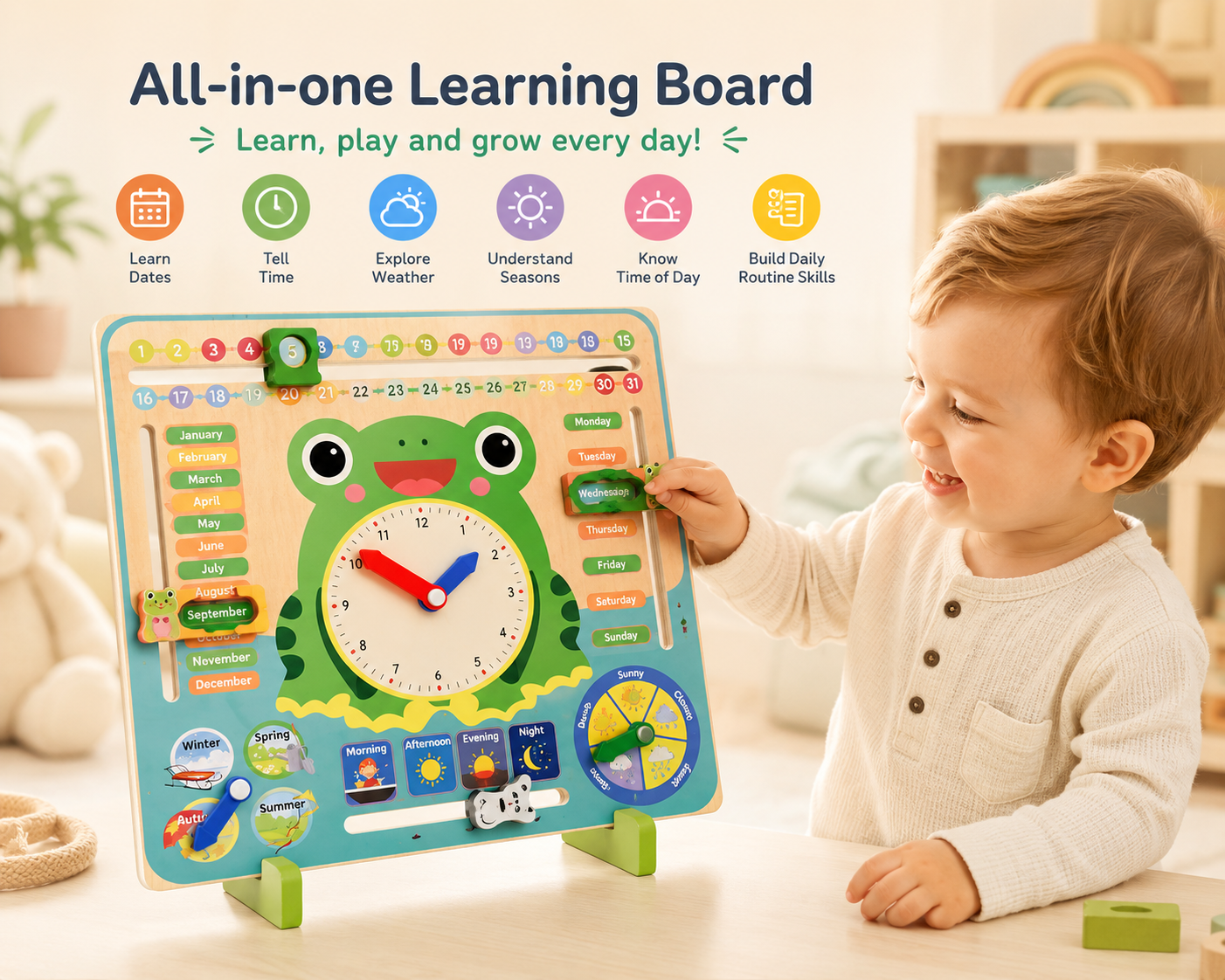Montessori circle time wooden toy - Weather, Seasons, Clock, Days