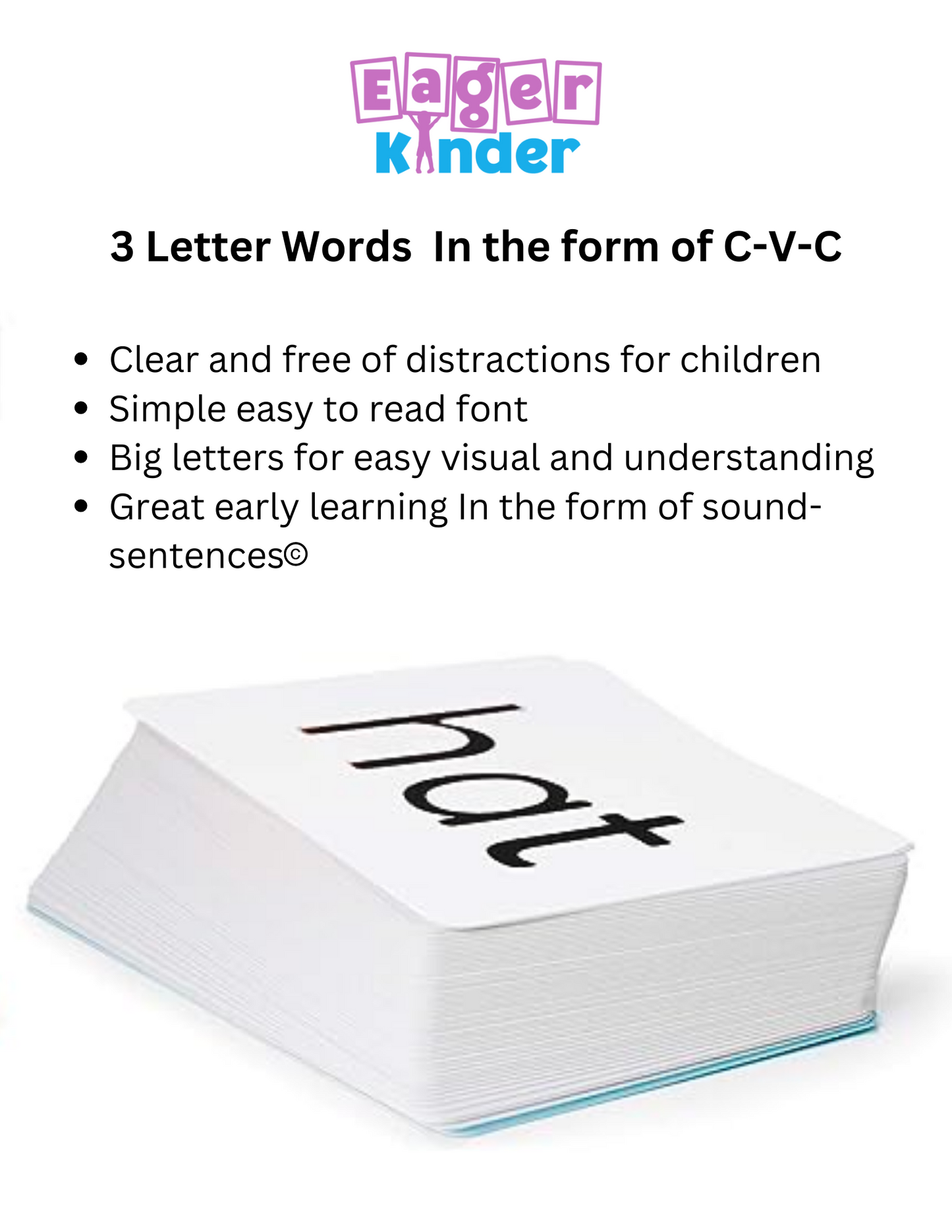 3 Letter Words  flashcards - Eager Kinder™ C-V-C Simple easy to read custom font spelling the word hat