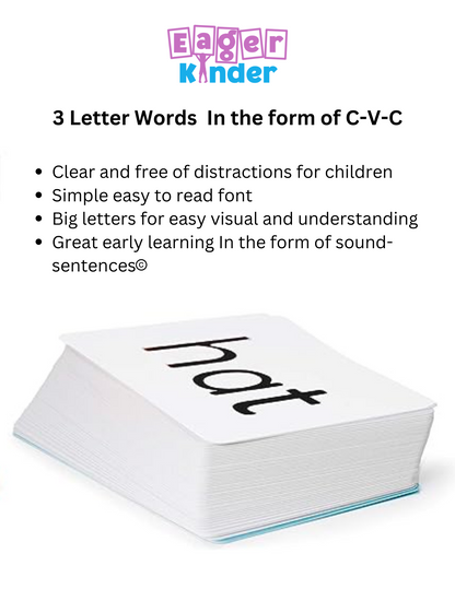 3 Letter Words  flashcards - Eager Kinder™ C-V-C Simple easy to read custom font spelling the word hat